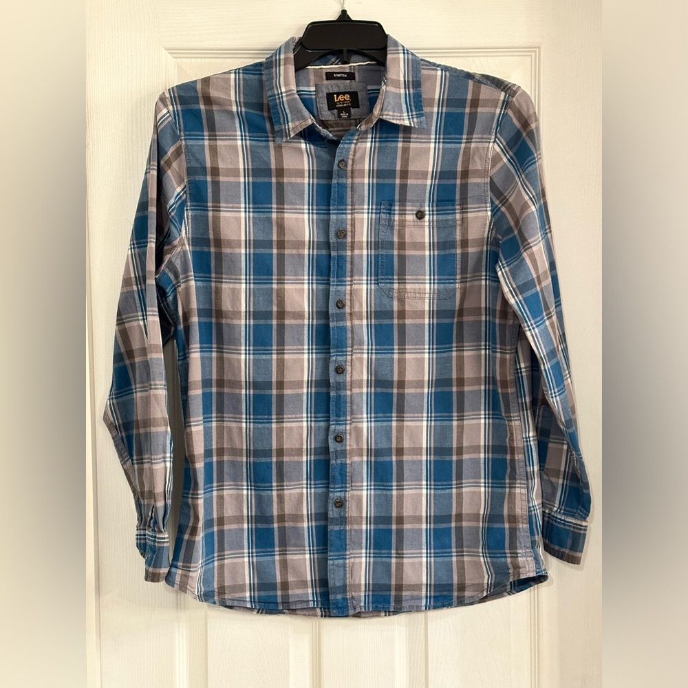 Lee Button Up Shirt Men's Size L Blue/Brown Plaid Long Sleeve Collared